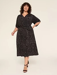 Kimono-Sleeve Faux-Wrap Jersey Midi Dress