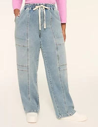 Pull-On Knit Denim High-Rise Straight Leg Cargo Jean