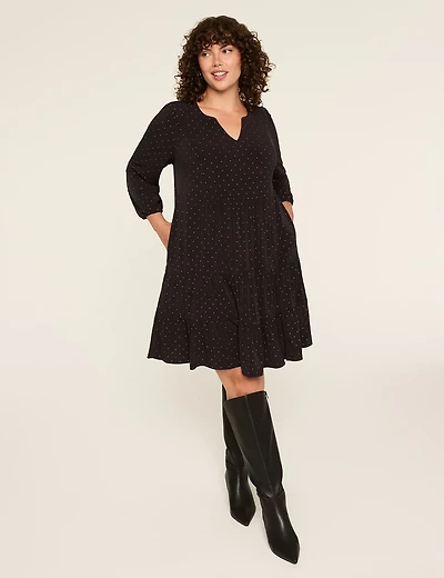 Embellished Split-Neck Jersey Swing Dress