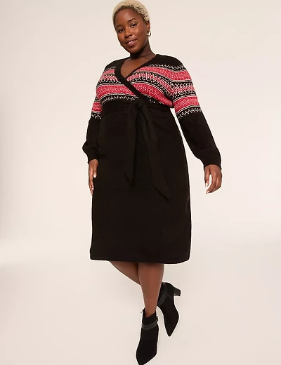 Fair Isle Faux-Wrap Sweater Midi Dress