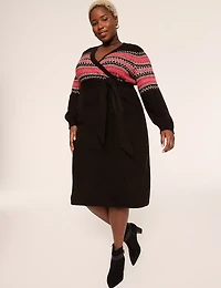 Fair Isle Faux-Wrap Sweater Midi Dress