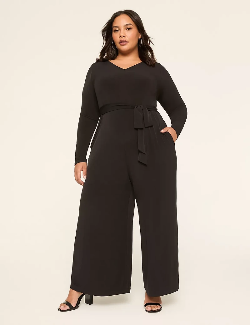 Long-Sleeve Tie-Waist Wide Leg Jersey Jumpsuit