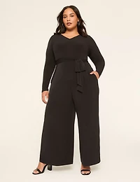 Long-Sleeve Tie-Waist Wide Leg Jersey Jumpsuit