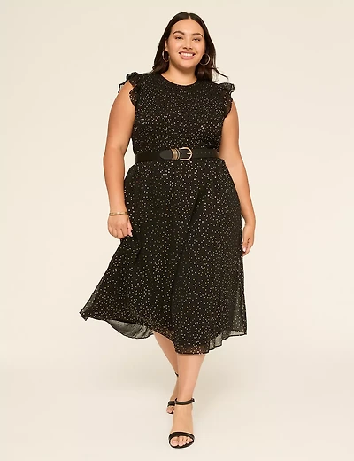 Foil Shimmer Flutter-Sleeve Smocked-Bodice Midi Dress