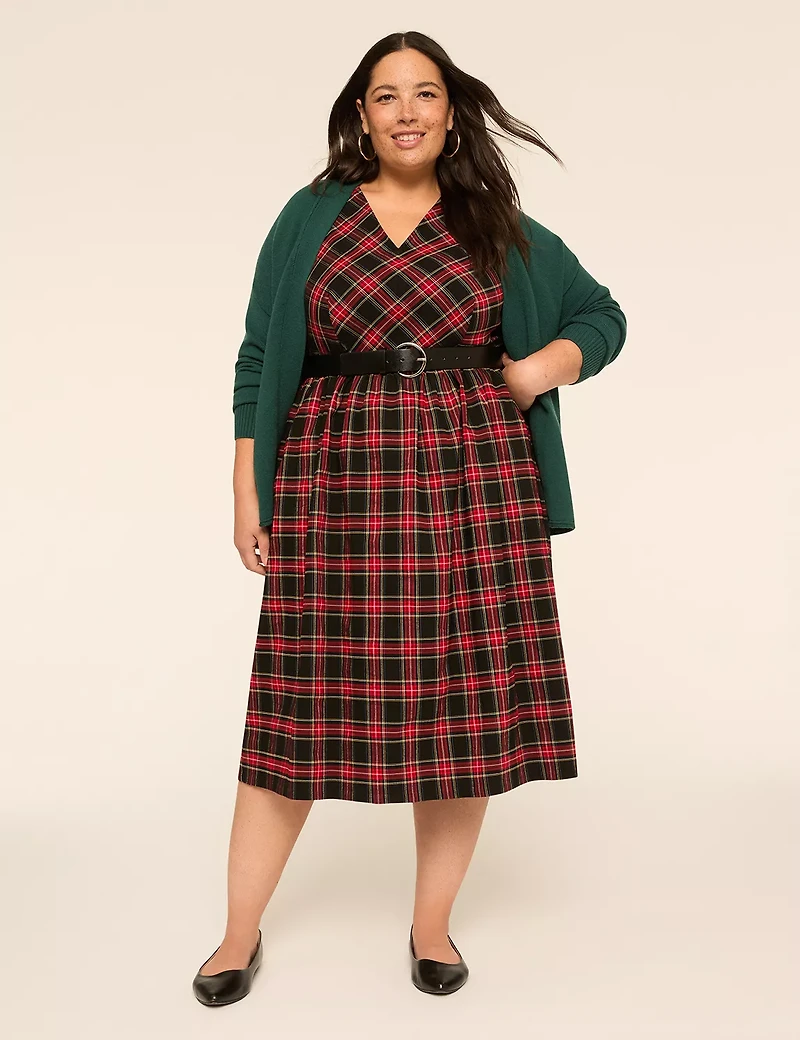Cap-Sleeve Plaid Midi Dress
