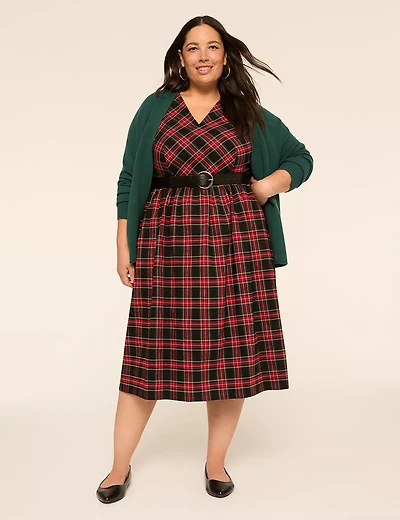 Cap-Sleeve Plaid Midi Dress
