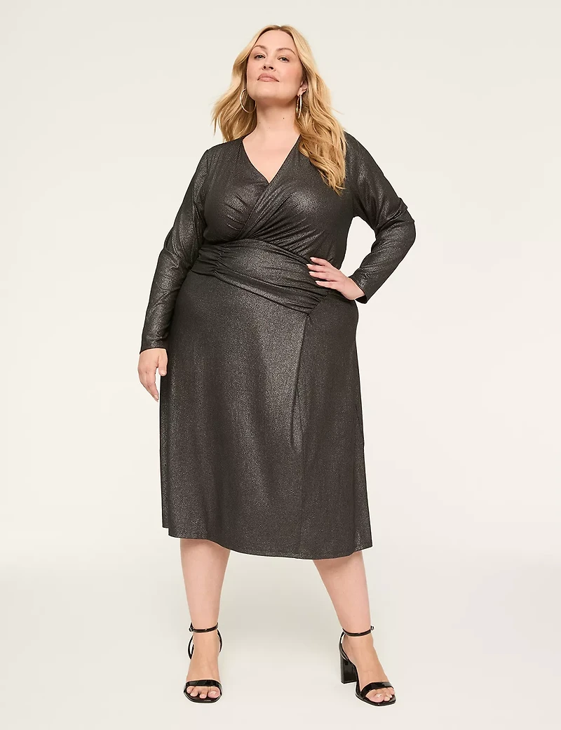 Shimmer Foiled Faux-Wrap Ruched-Bodice Midi Dress