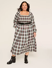 Lurex Square-Neck Smocked-Bodice Plaid Midi Dress