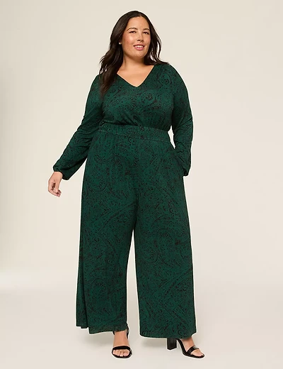 Long-Sleeve V-Neck Smocked-Waist Jumpsuit