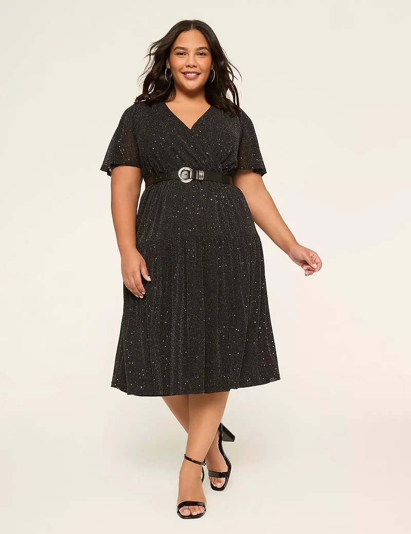 Sparkle-Knit Surplice-Neck Flutter-Sleeve Midi Dress