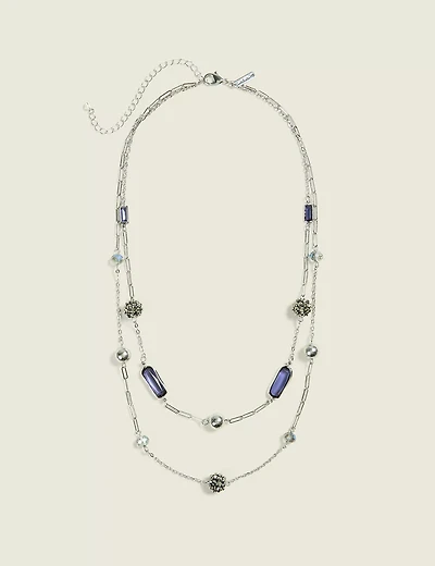 Blue & Silvertone Beaded Multi-Row Necklace
