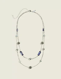 Blue & Silvertone Beaded Multi-Row Necklace