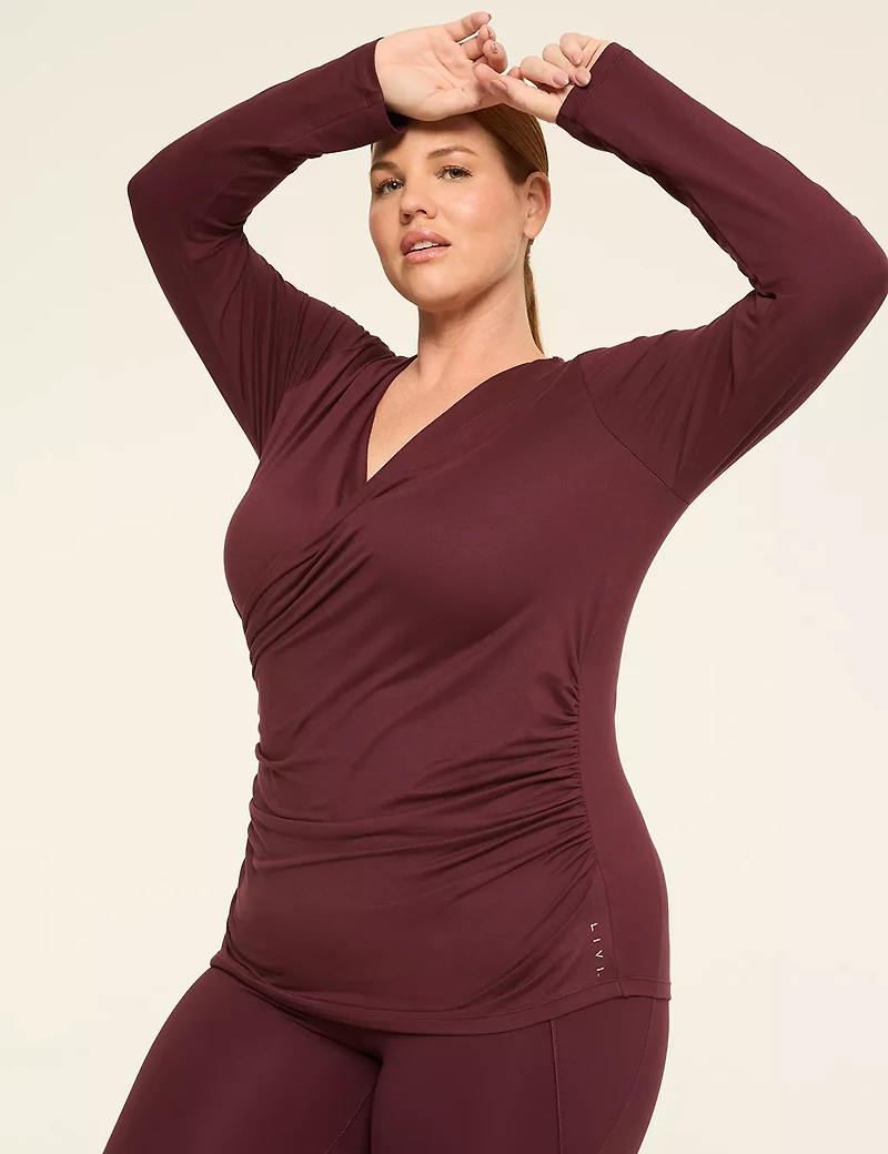 LIVI Soft Faux-Wrap Side-Ruched Top