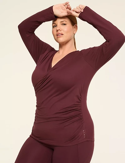 LIVI Soft Faux-Wrap Side-Ruched Top