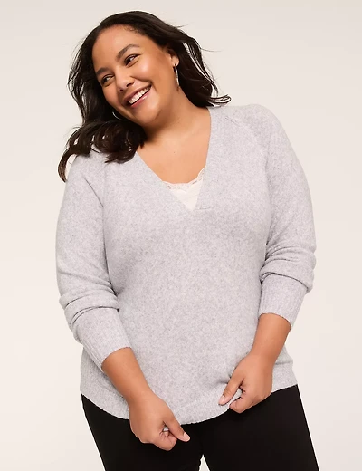 Layered Lace V-Neck Pullover Sweater