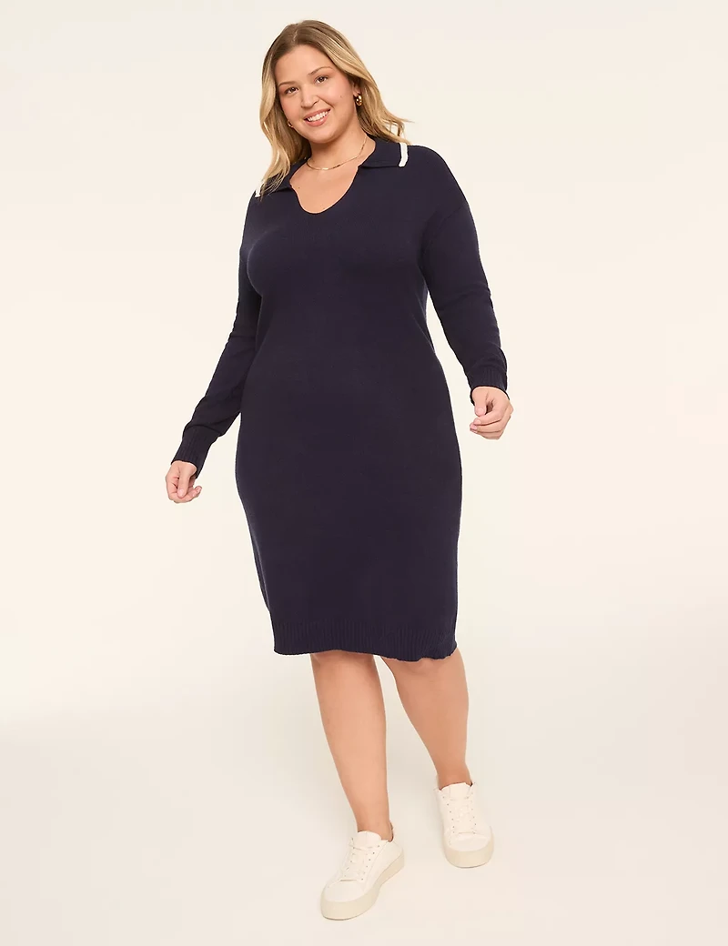 V-Neck Collared Sweater Dress