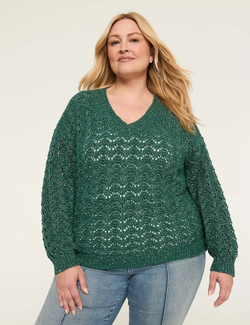 Relaxed Sequin V-Neck Stitch Pullover Sweater