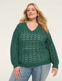 Relaxed Sequin V-Neck Stitch Pullover Sweater