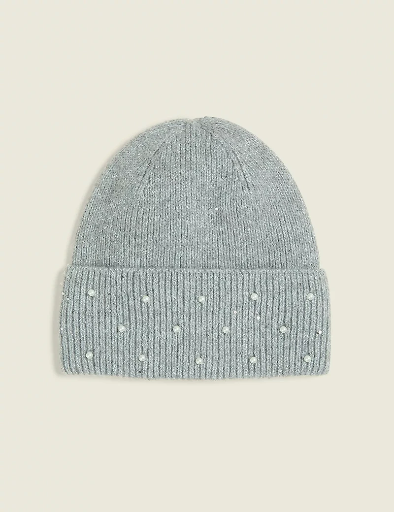 Embellished Pearlized Lurex Knit Hat