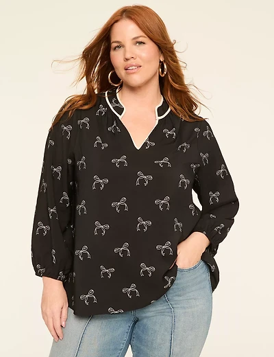 Bracelet-Sleeve Split-Neck Popover Blouse