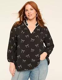 Bracelet-Sleeve Split-Neck Popover Blouse