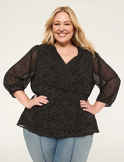 3/4-Sleeve Faux-Wrap Blouse