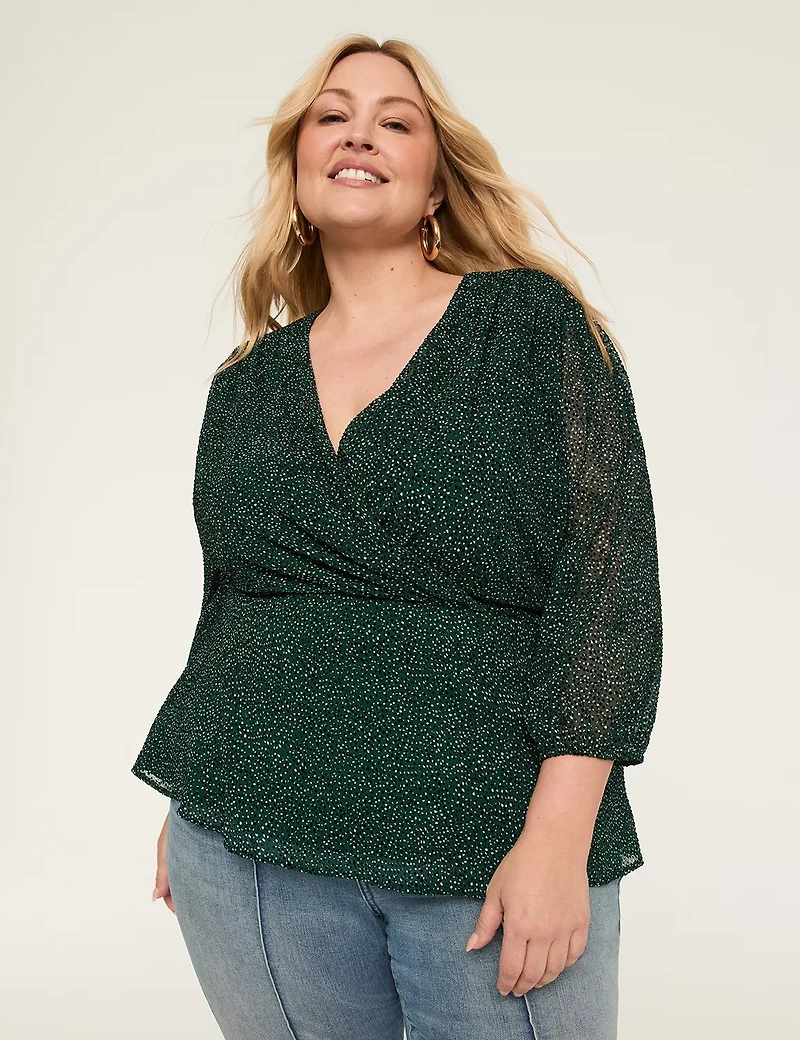 3/4-Sleeve Faux-Wrap Blouse