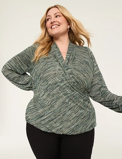 Lurex Blouson-Sleeve Faux-Wrap Bubble-Hem Top