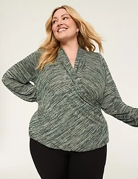 Lurex Blouson-Sleeve Faux-Wrap Bubble-Hem Top