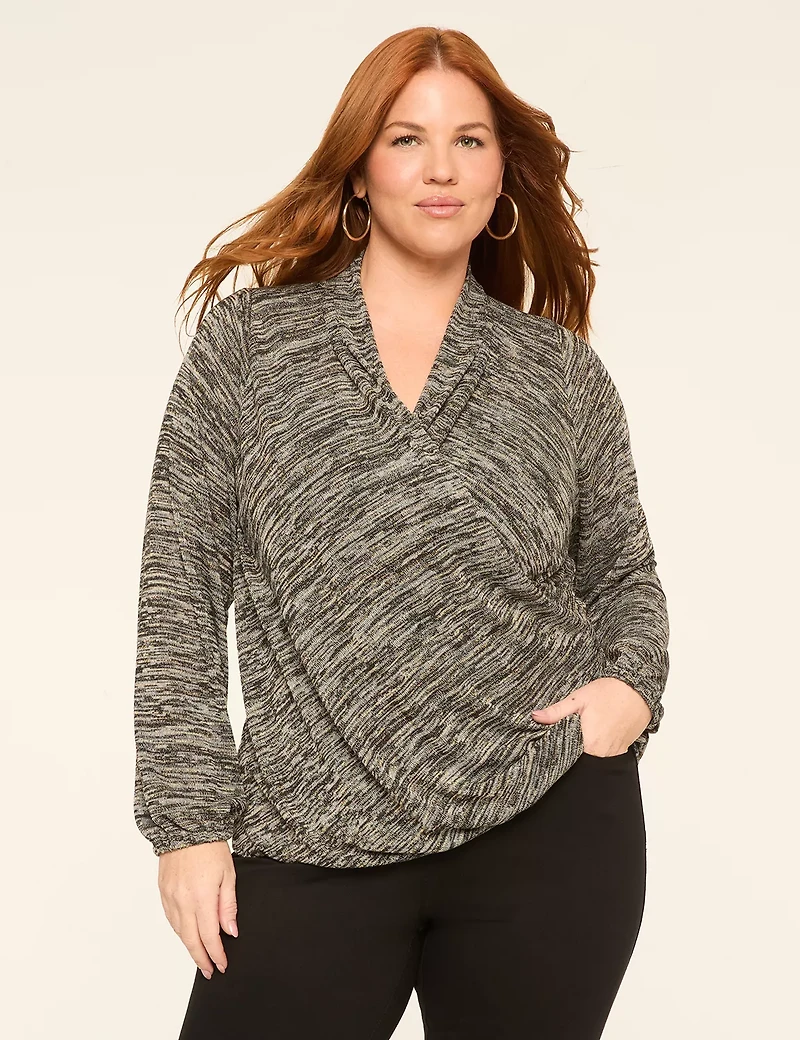 Lurex Blouson-Sleeve Faux-Wrap Bubble-Hem Top