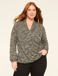 Lurex Blouson-Sleeve Faux-Wrap Bubble-Hem Top