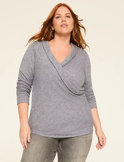 Long-Sleeve Faux-Wrap Textured Knit Top
