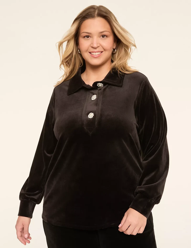 Ribbed Rhinestone-Button Polo Top