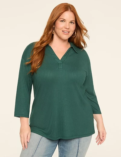 3/4-Sleeve Ribbed Knit Polo Top