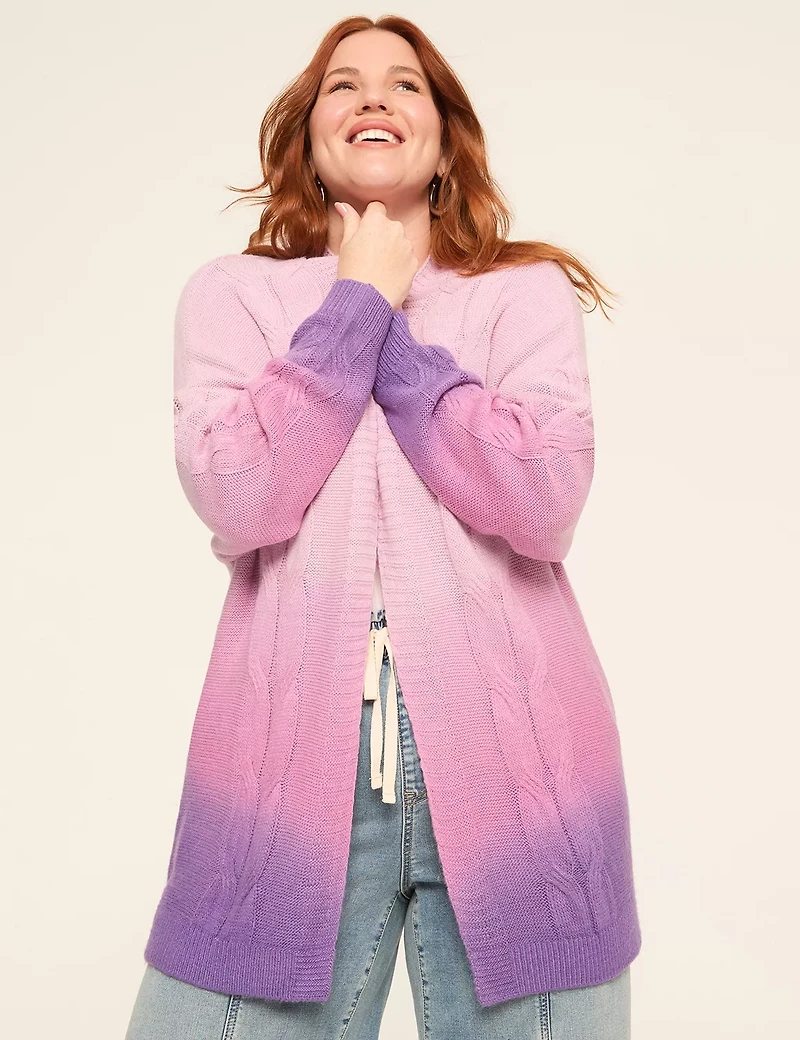 Long-Sleeve Open-Front Dip-Dye Cardigan