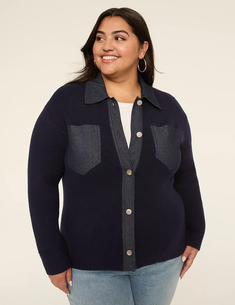 Denim-Trim Button-Front Cardigan