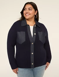 Denim-Trim Button-Front Cardigan