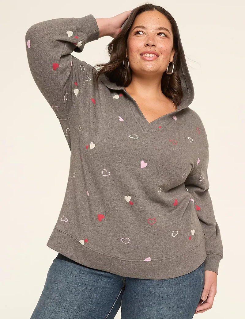 Heart Print V-Neck Hoodie Sweatshirt