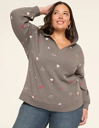 Heart Print V-Neck Hoodie Sweatshirt