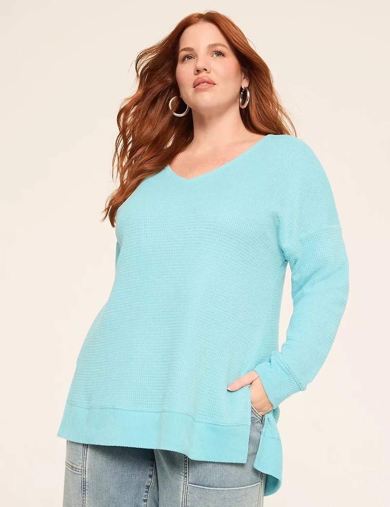 Long-Sleeve V-Neck Waffle Knit Top