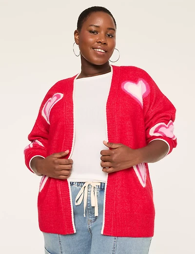Heart Print Open-Front Cardigan