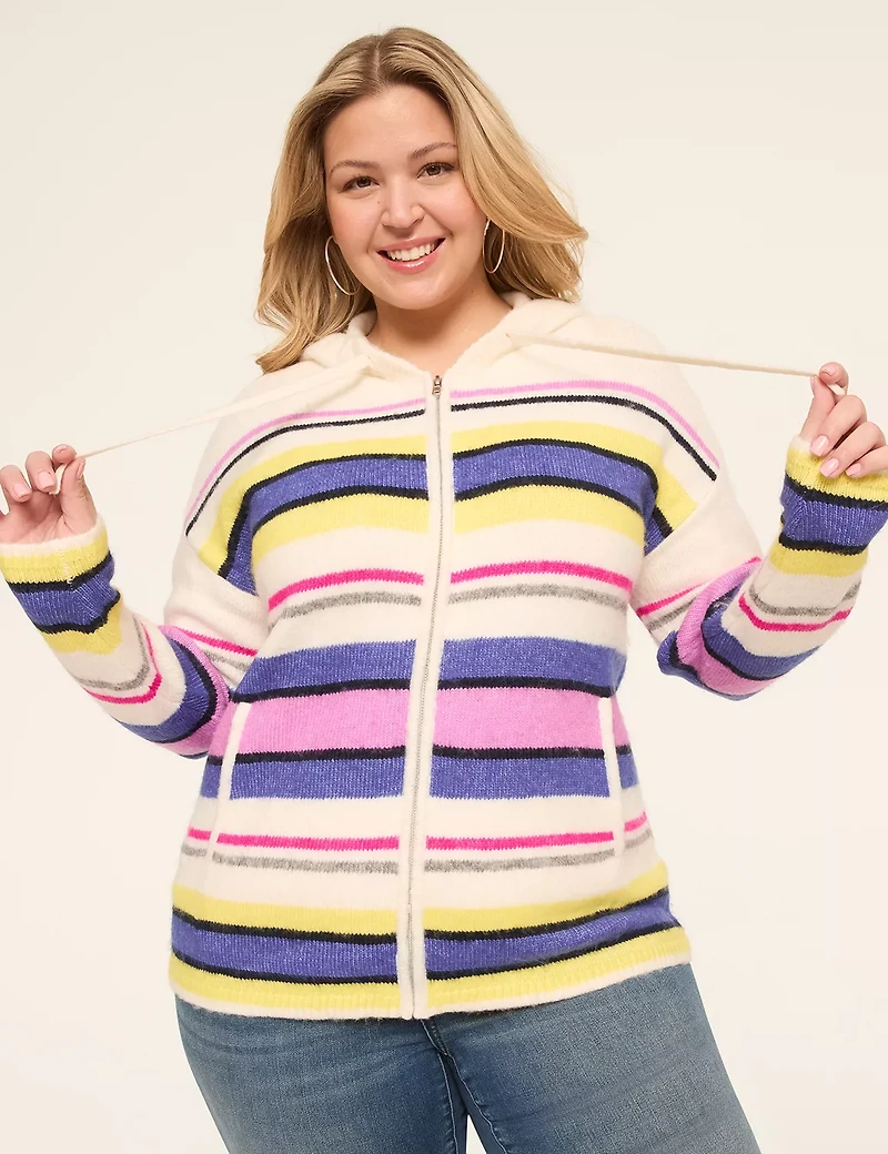 Zip-Front Striped Hoodie Cardigan