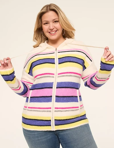 Zip-Front Striped Hoodie Cardigan