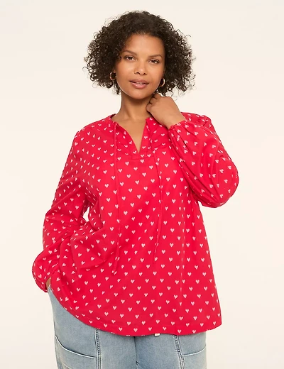 Heart-Print Tie-Neck Popover Blouse