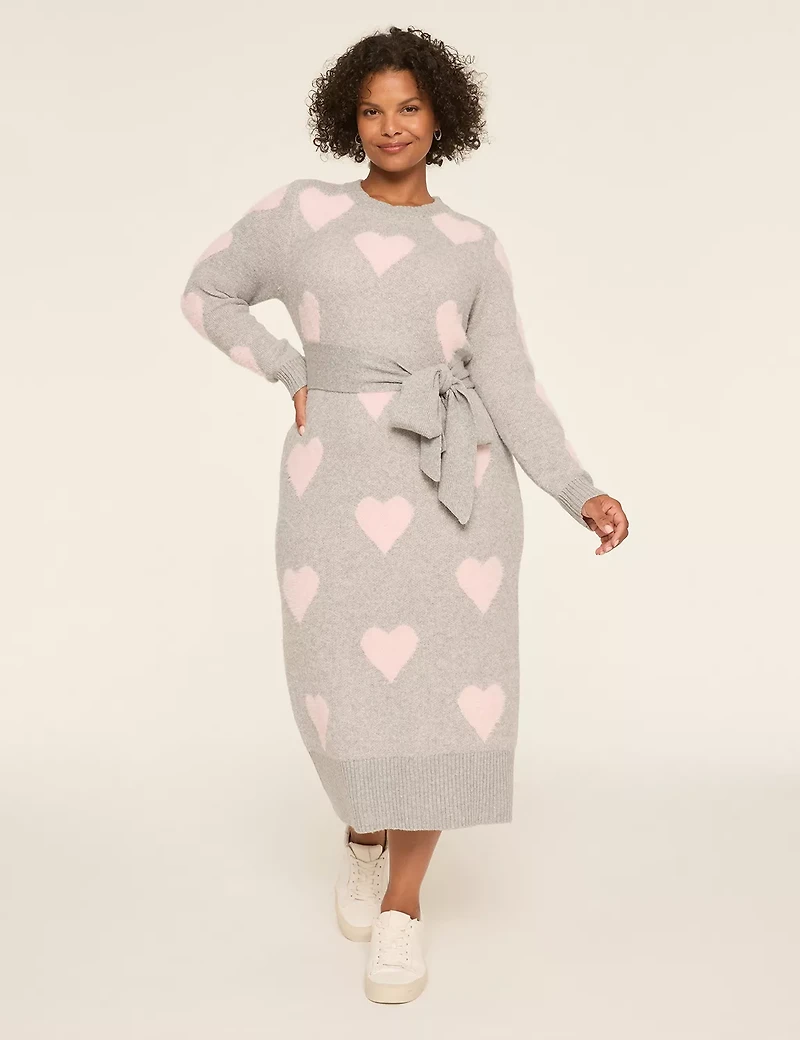 Textured Heart Print Midi Sweater Dress
