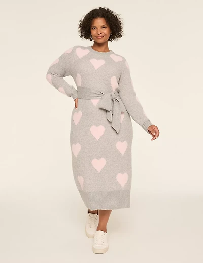 Textured Heart Print Midi Sweater Dress