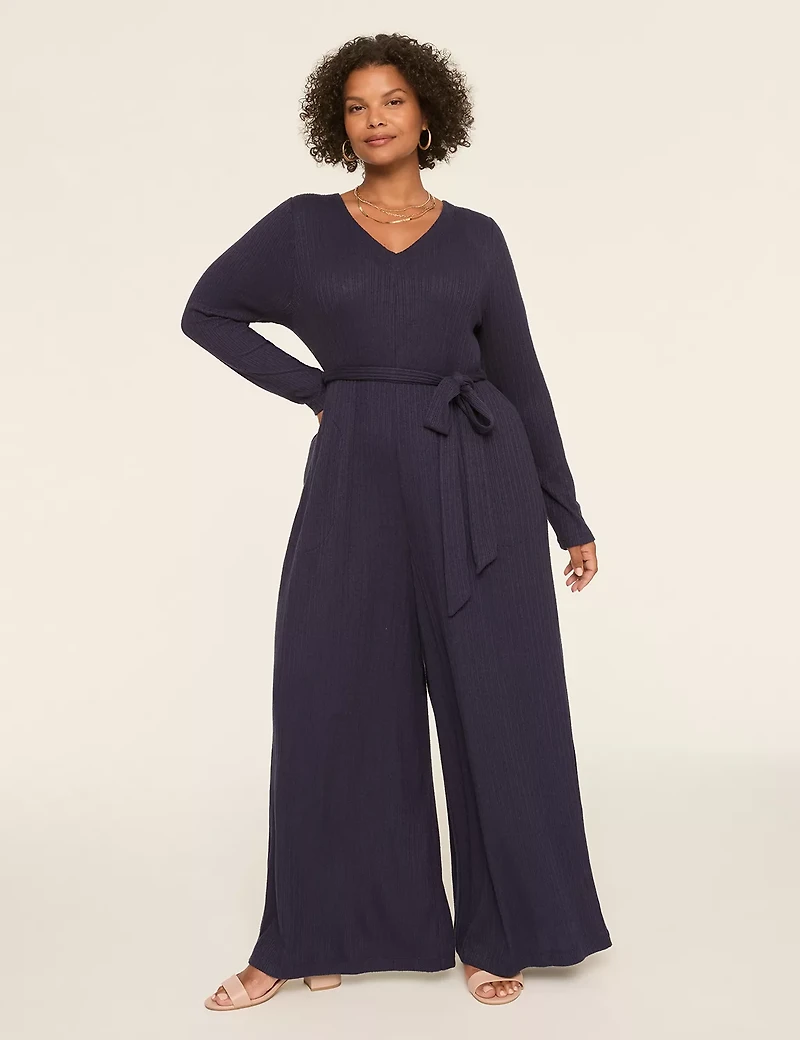 Long-Sleeve Wide Leg Ribbed Jumpsuit
