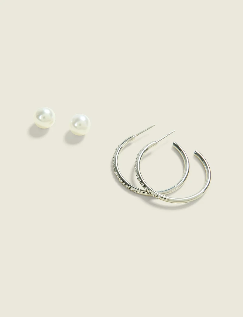 Silver Pearl & Hoop Earring Set