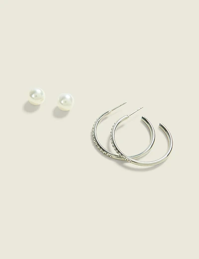 Silver Pearl & Hoop Earring Set