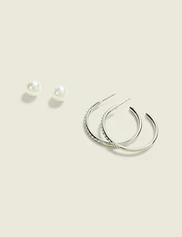 Silver Pearl & Hoop Earring Set
